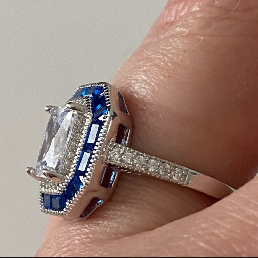Sterling Silver Lab Sapphire Ring with Intricate Detailing Size 7 - Picture 3 of 15